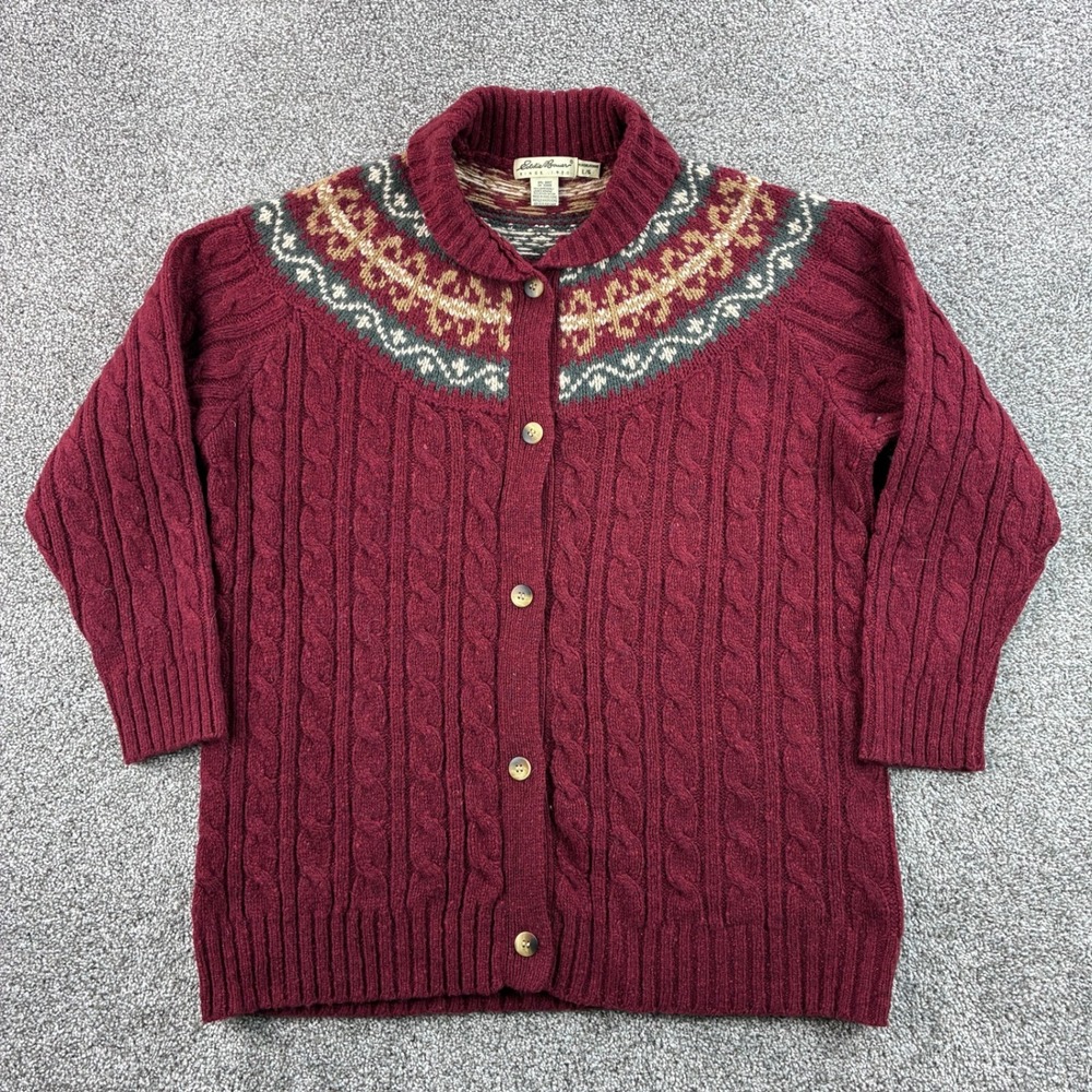 Vintage Eddie Bauer Cardigan Sweater Womens L Red Lambswool Fair Isle Cable Knit